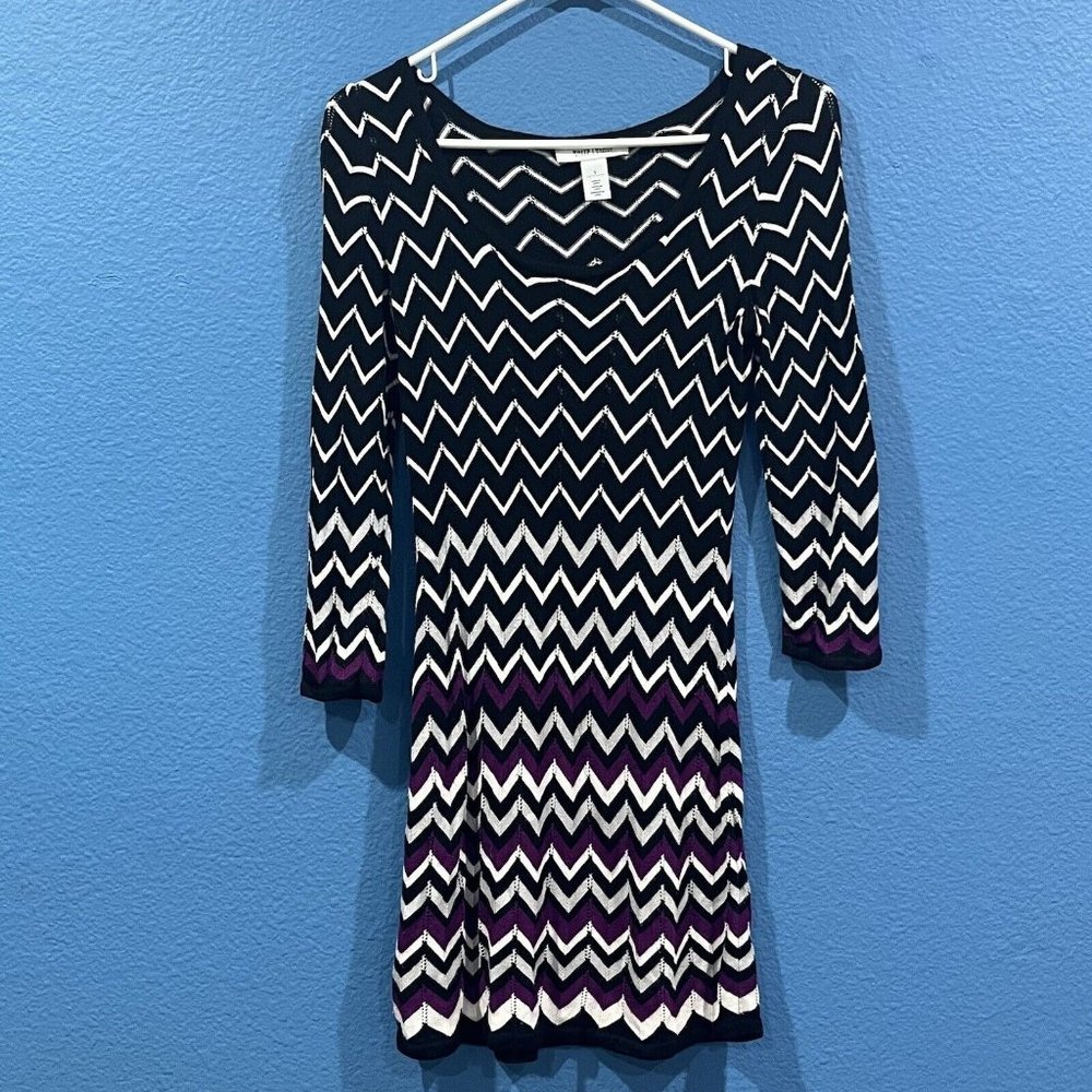 White House Black Market Chevron Knit Sweater Dress Purple Accents Women Small